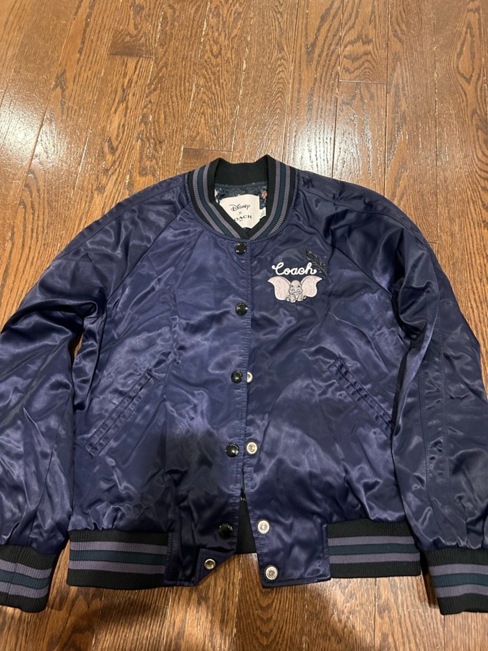 Coach &  Disney Navy Satin Bomber Jacket with Dumbo Patch
